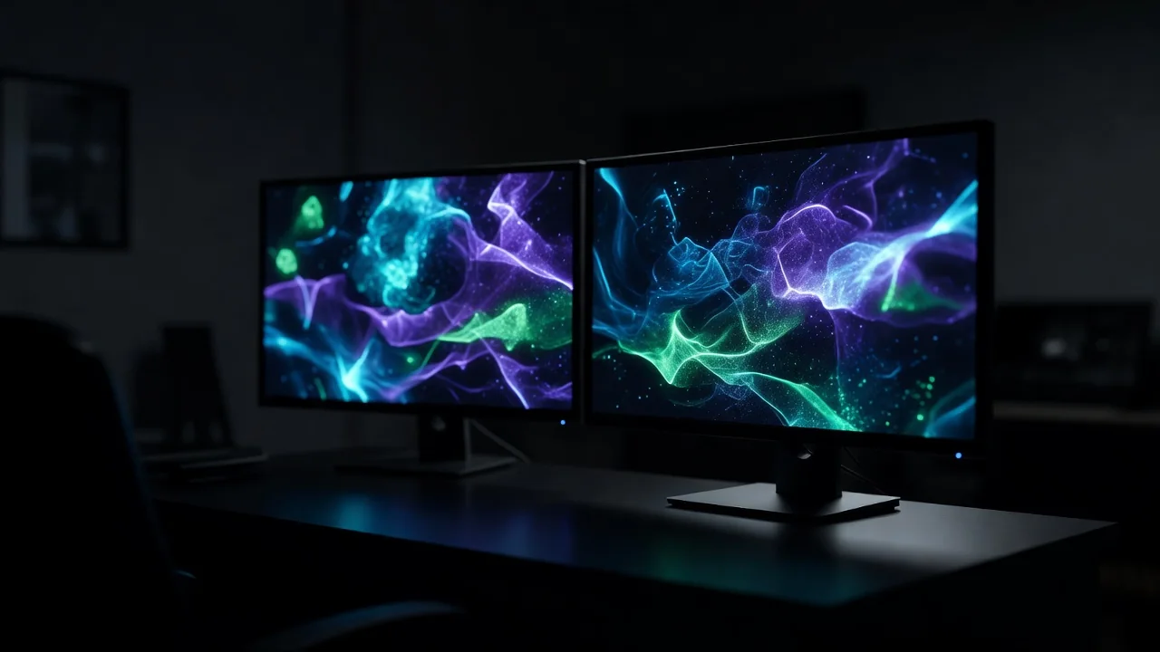 İki monitor e-idman yayımı ilə qaranlıq otaqda