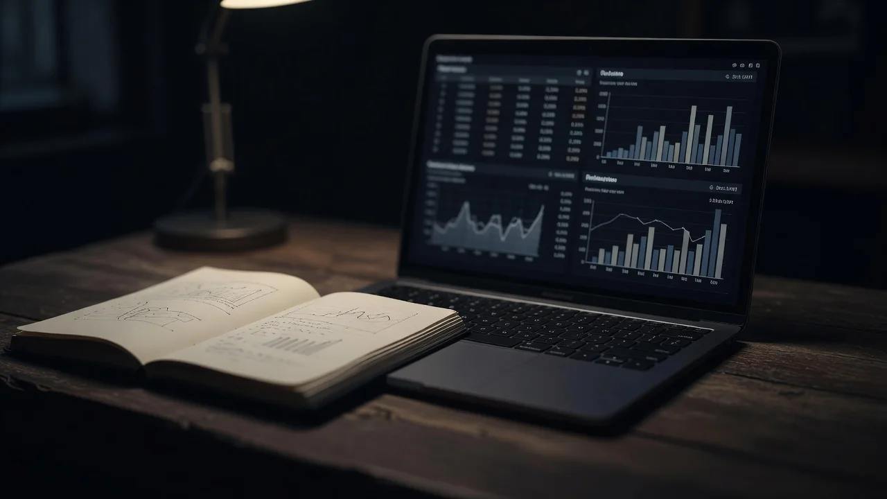 Noutbukda statistik cədvəllər açıq, yanında qeyd dəftəri