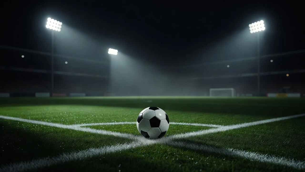 Futbol topu ağ cərimə xəttində gecə proyektor işığında