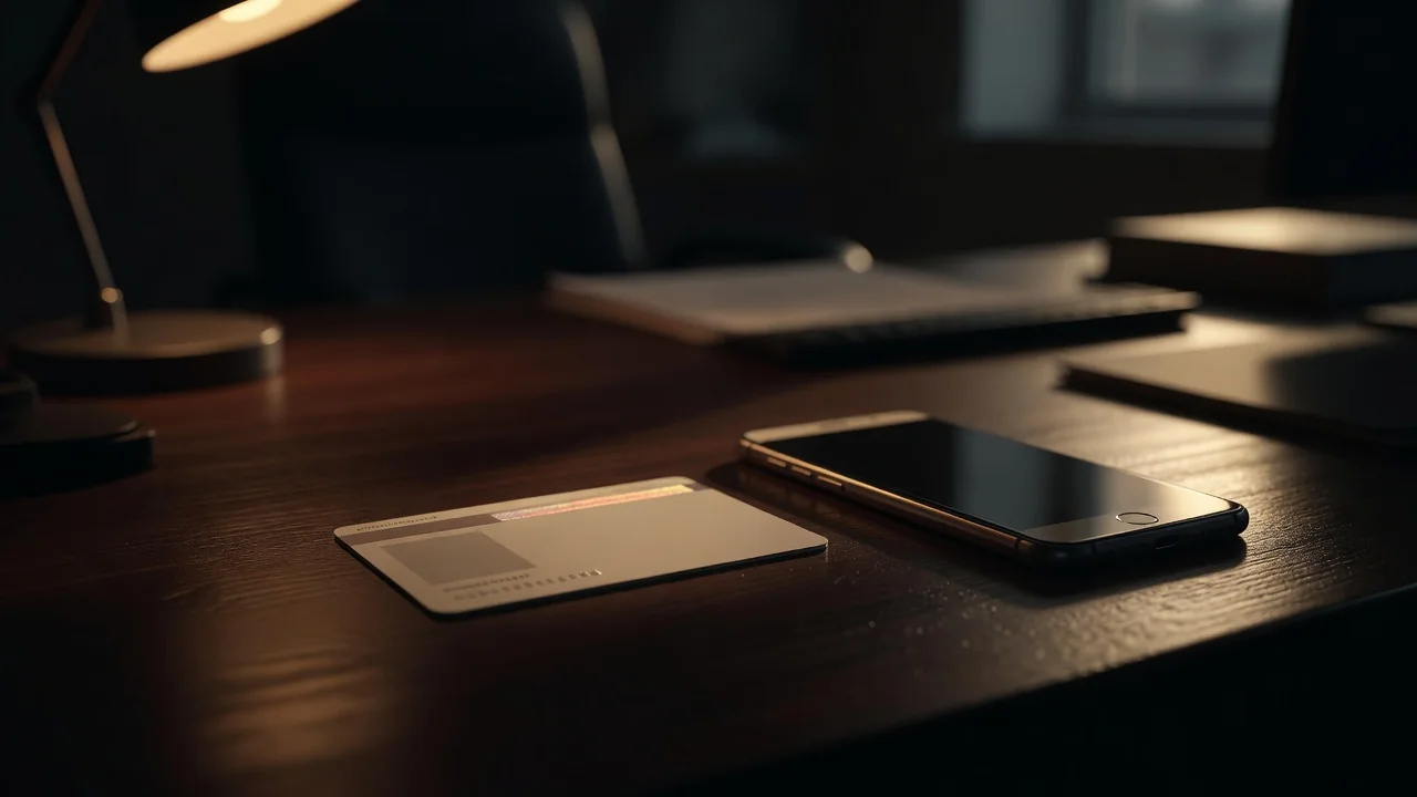 Şəxsiyyət vəsiqəsi və smartfon ofis masasında işıqda