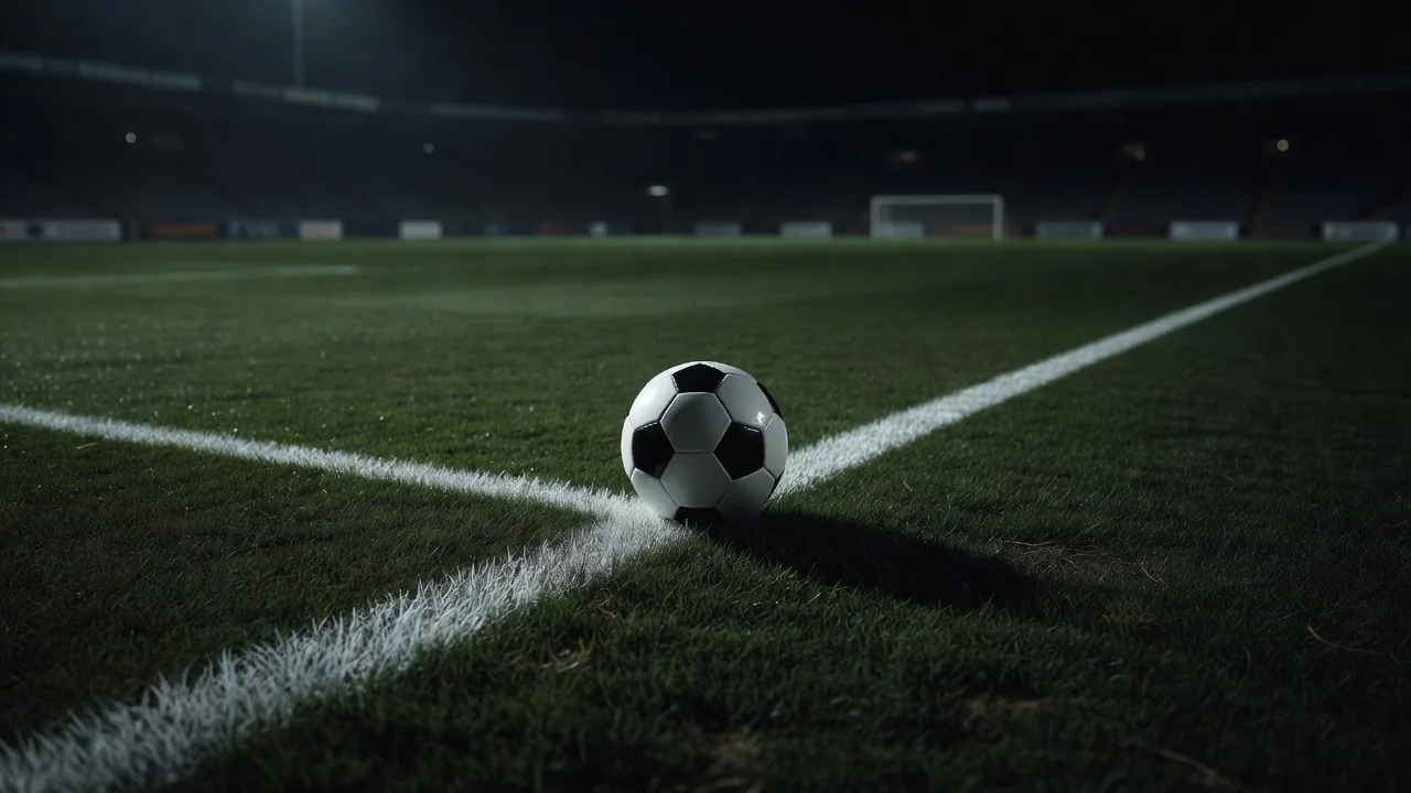 Futbol meydançasında taxta xətt və top gecə işığında