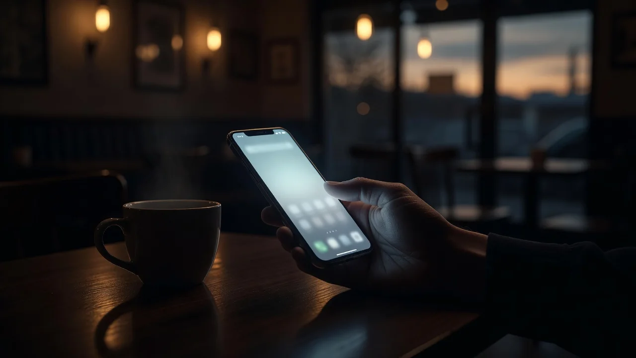 Smartfon əldə idman tətbiqi ekranı kafedə axşam