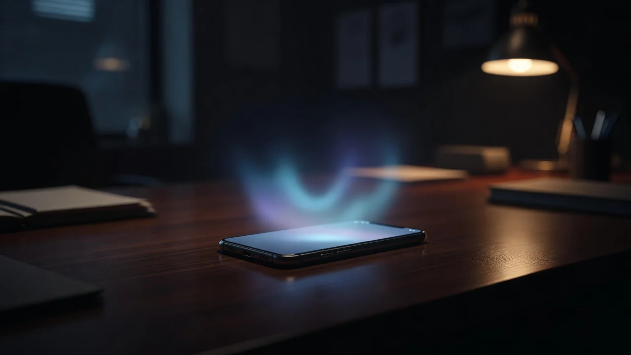 Telefon ekranında rəqəmsal pulqabı balansı ofis işığında