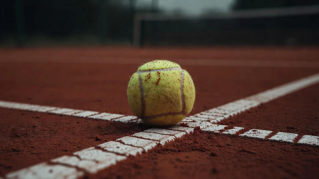 Tennis topu sarı parça kort xəttində yaxın planda