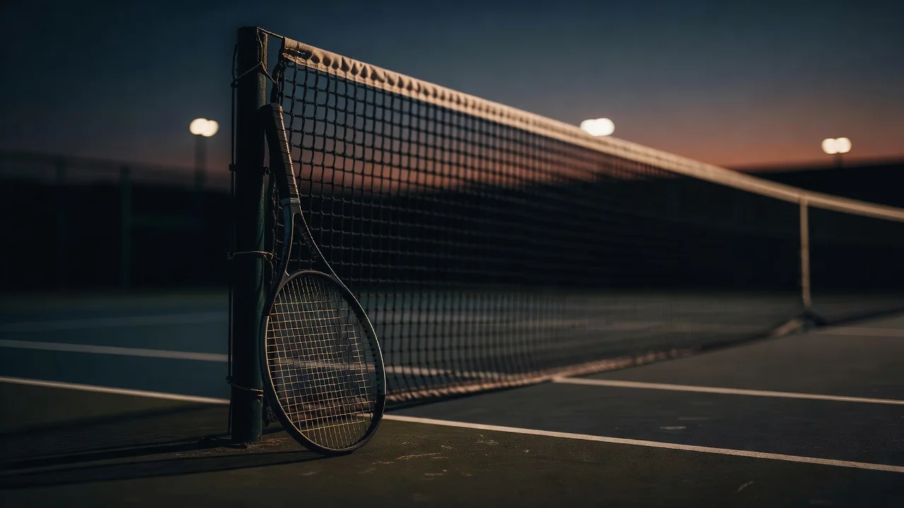 Tennis raketkası kort kənarında toru yanında