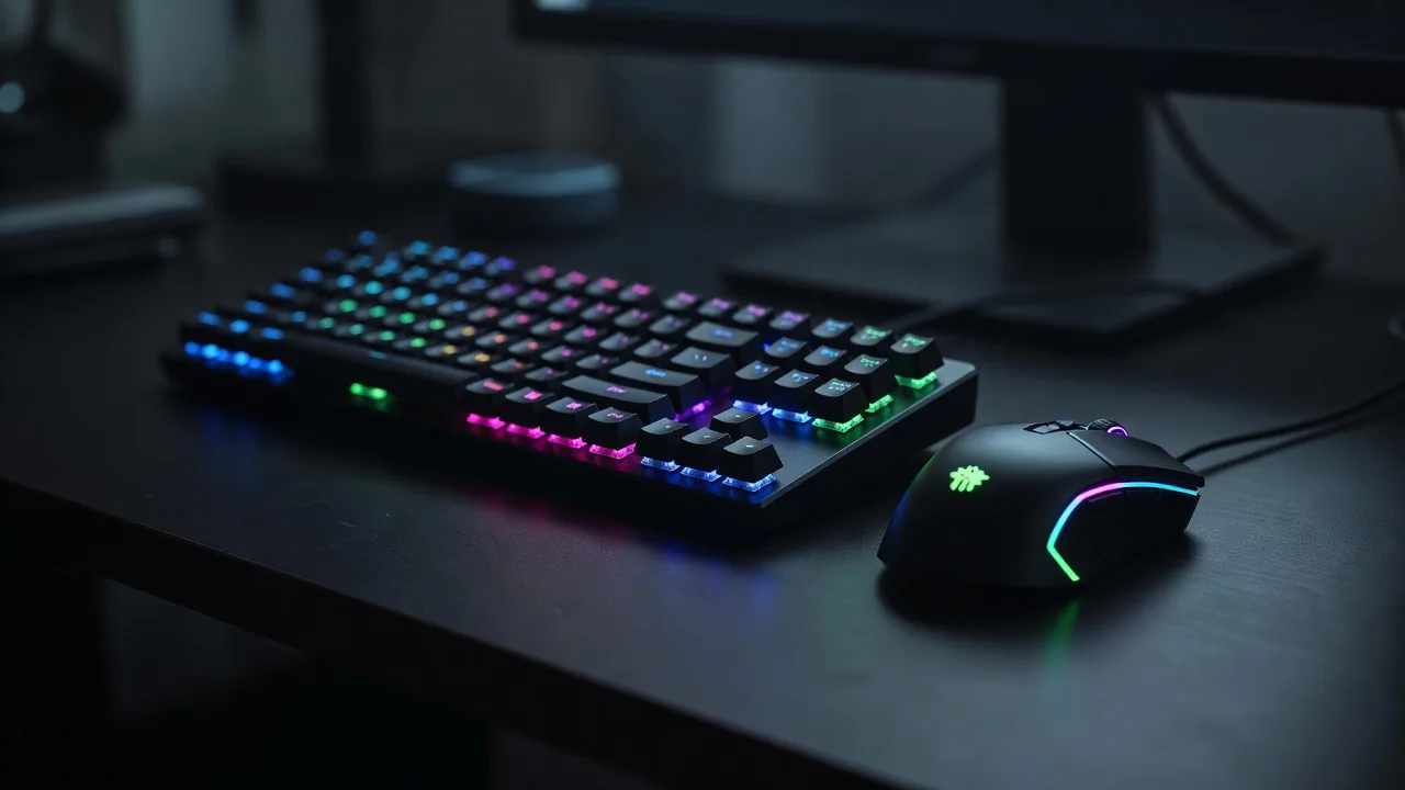Oyun klaviaturası və siçan RGB işıqda qaranlıq masada