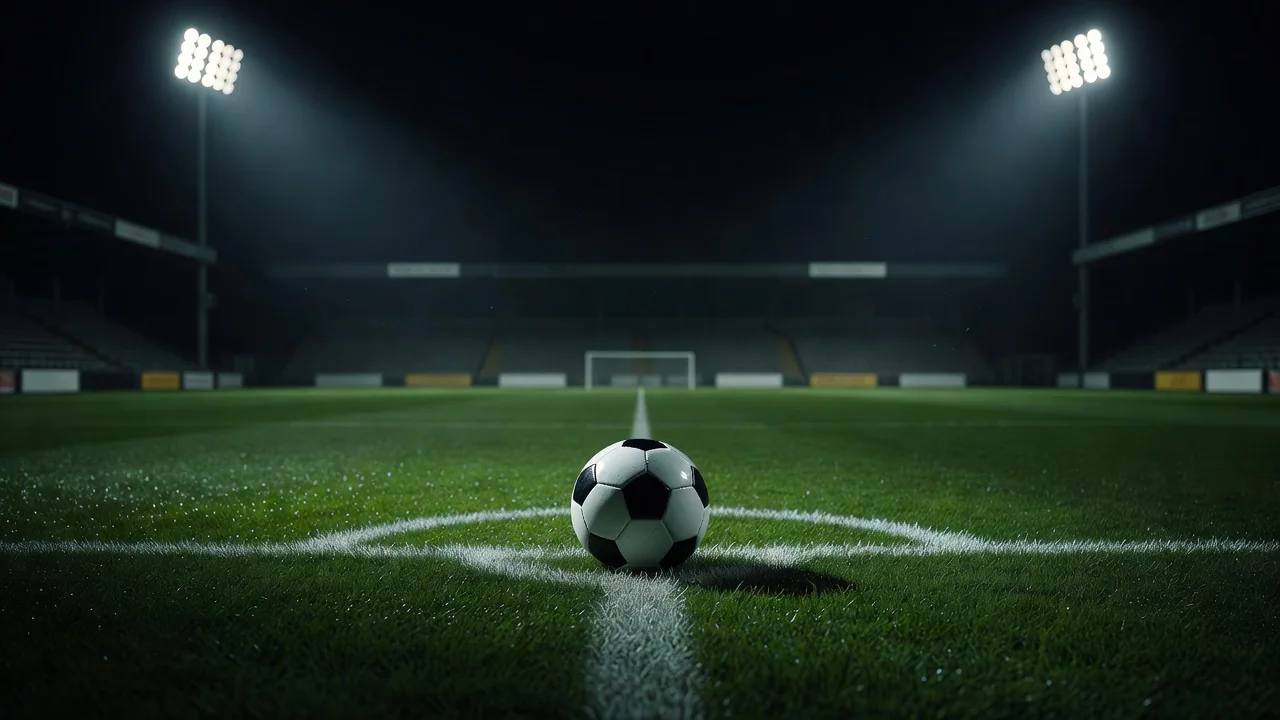 Futbol topu penalți nöqtəsində gecə proyektorları altında