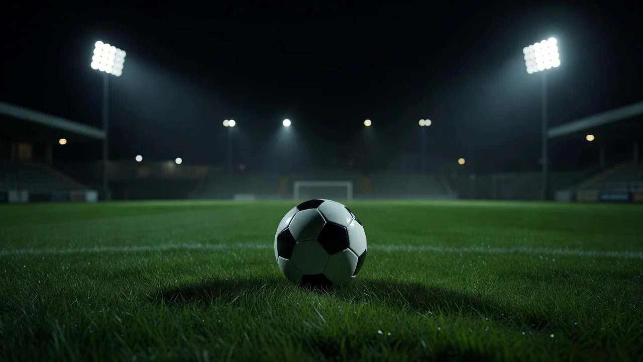 Futbol topu yaşıl meydançada proyektor işığında axşam