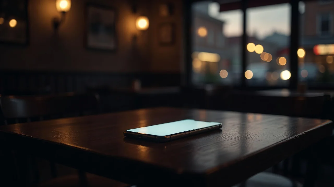 Smartfon idman nəticələri ilə ekranda kafe masasında axşam işığında