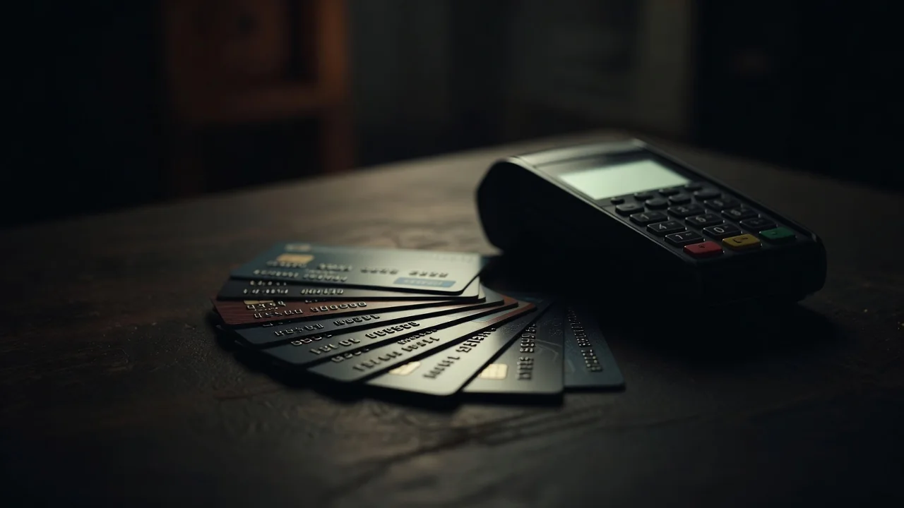 Bir neçə bank kartı və telefon ödəniş terminalı yanında