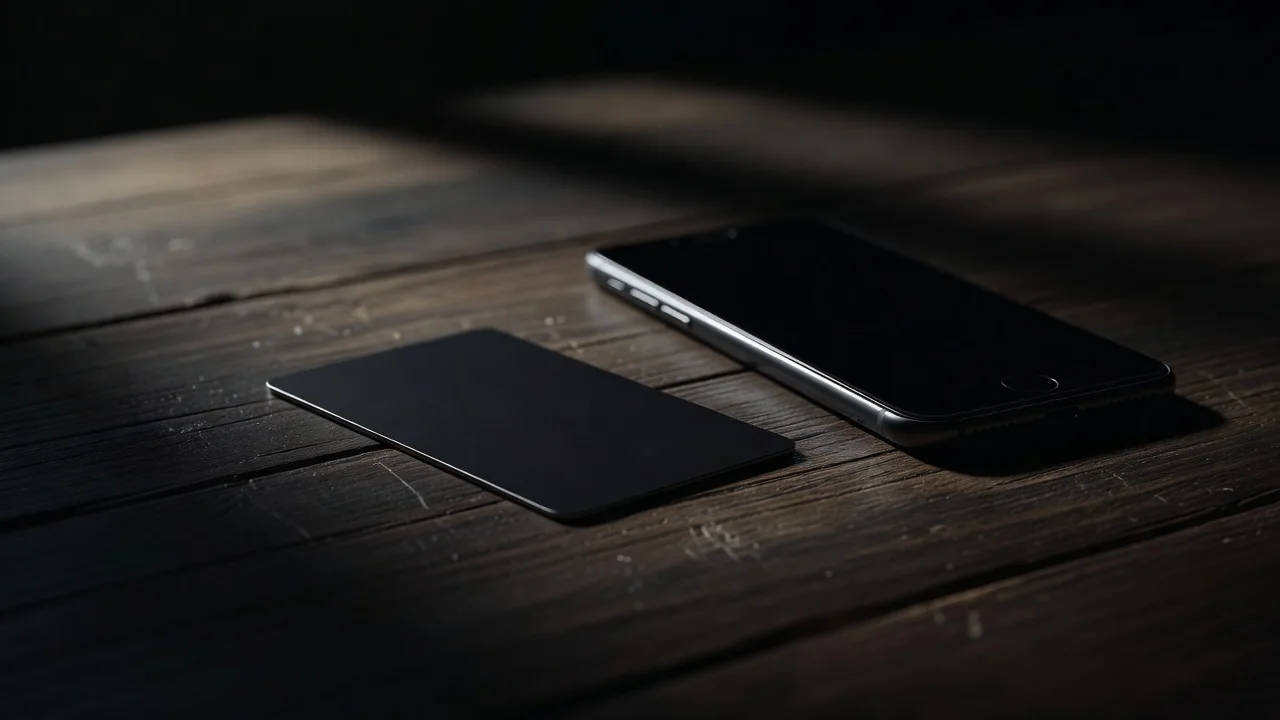 Bank kartı və smartfon ödəniş ekranı ilə tünd taxta masada