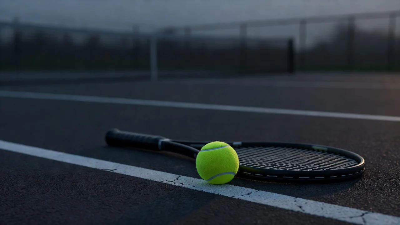 Tennis topu və raketka kort xəttində yaxın planda